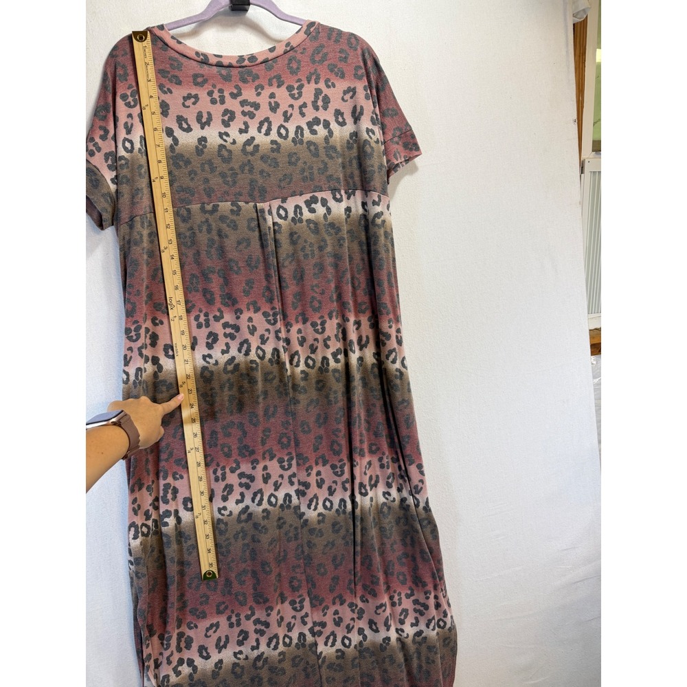 Zenana Women 1X Leopard Ombre Maxi Dress Pink Tan V-Neck Short Sleeve Pockets - Picture 4 of 10